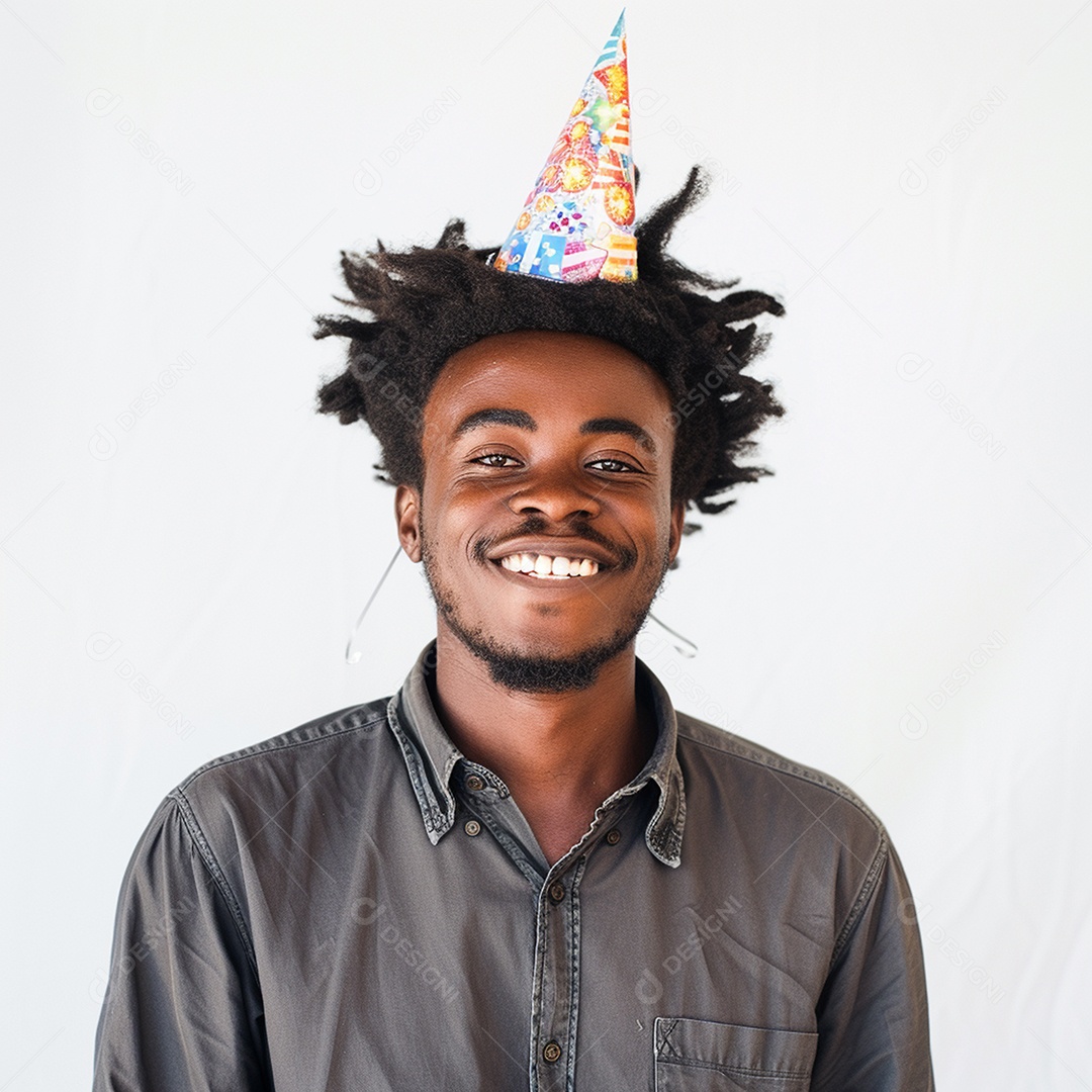 Homem sorridente, usando um chapéu de festa em um fundo branco