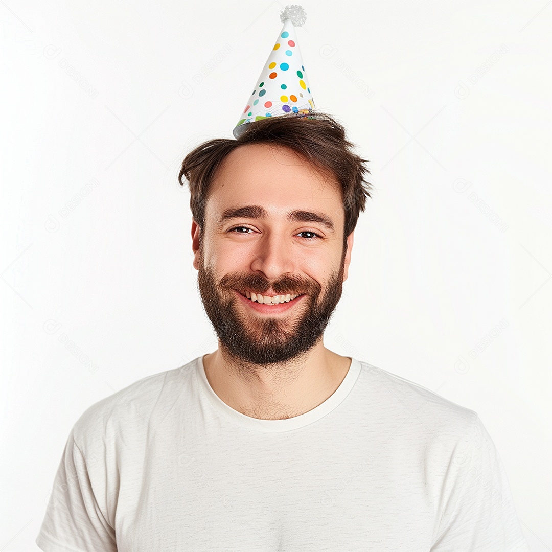 Homem sorridente, usando um chapéu de festa em um fundo branco