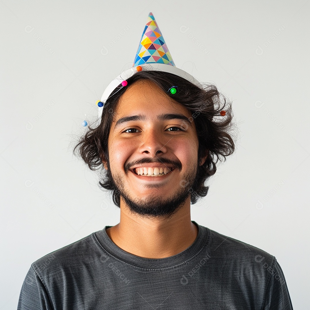 Homem sorridente, usando um chapéu de festa em um fundo branco
