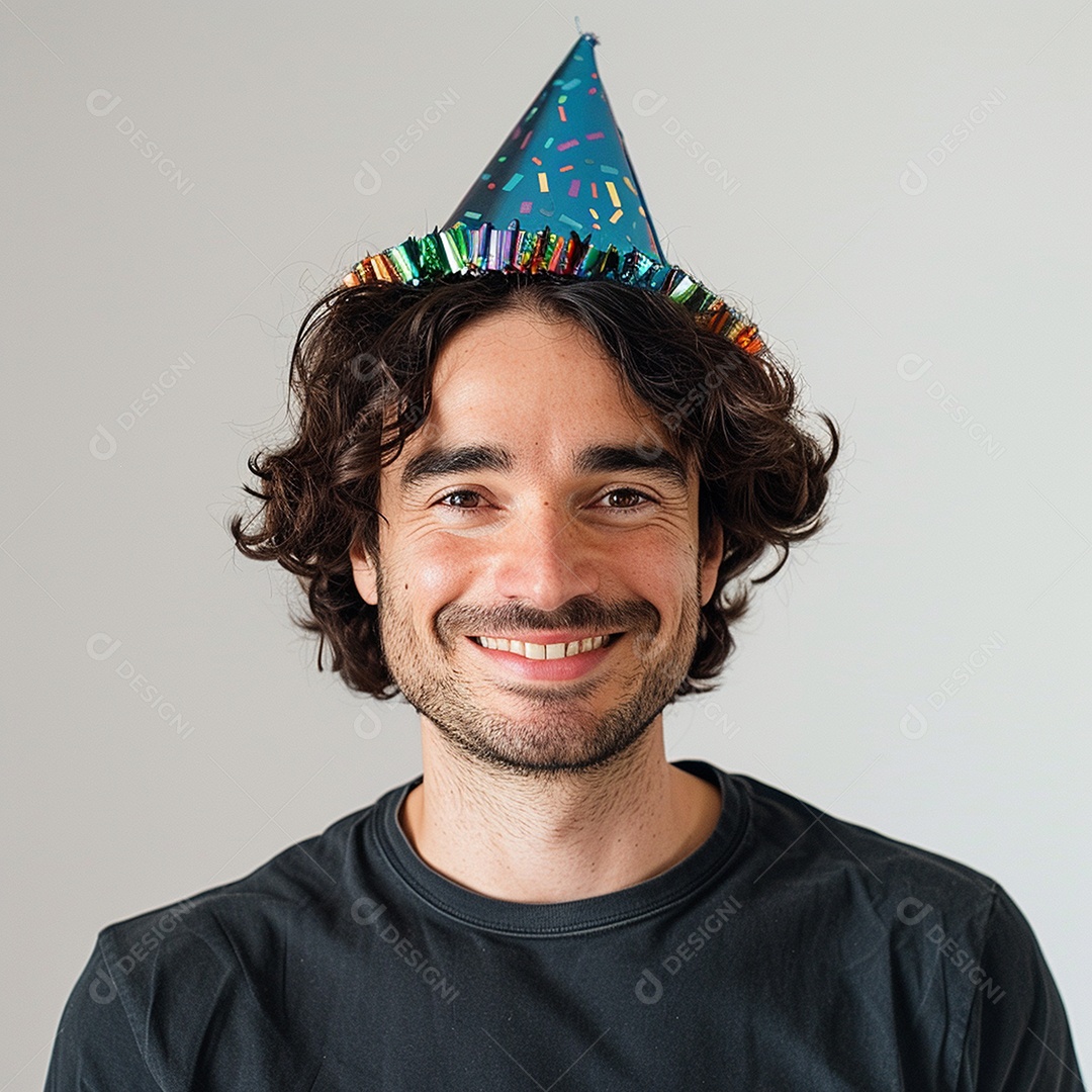 Homem sorridente, usando um chapéu de festa em um fundo branco