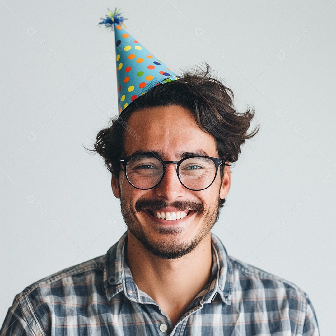 Homem sorridente, usando um chapéu de festa em um fundo branco
