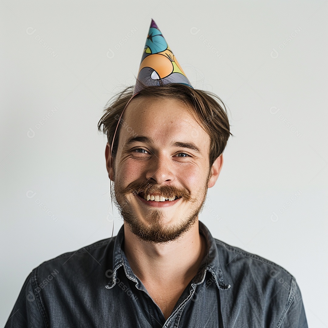 Homem sorridente, usando um chapéu de festa em um fundo branco