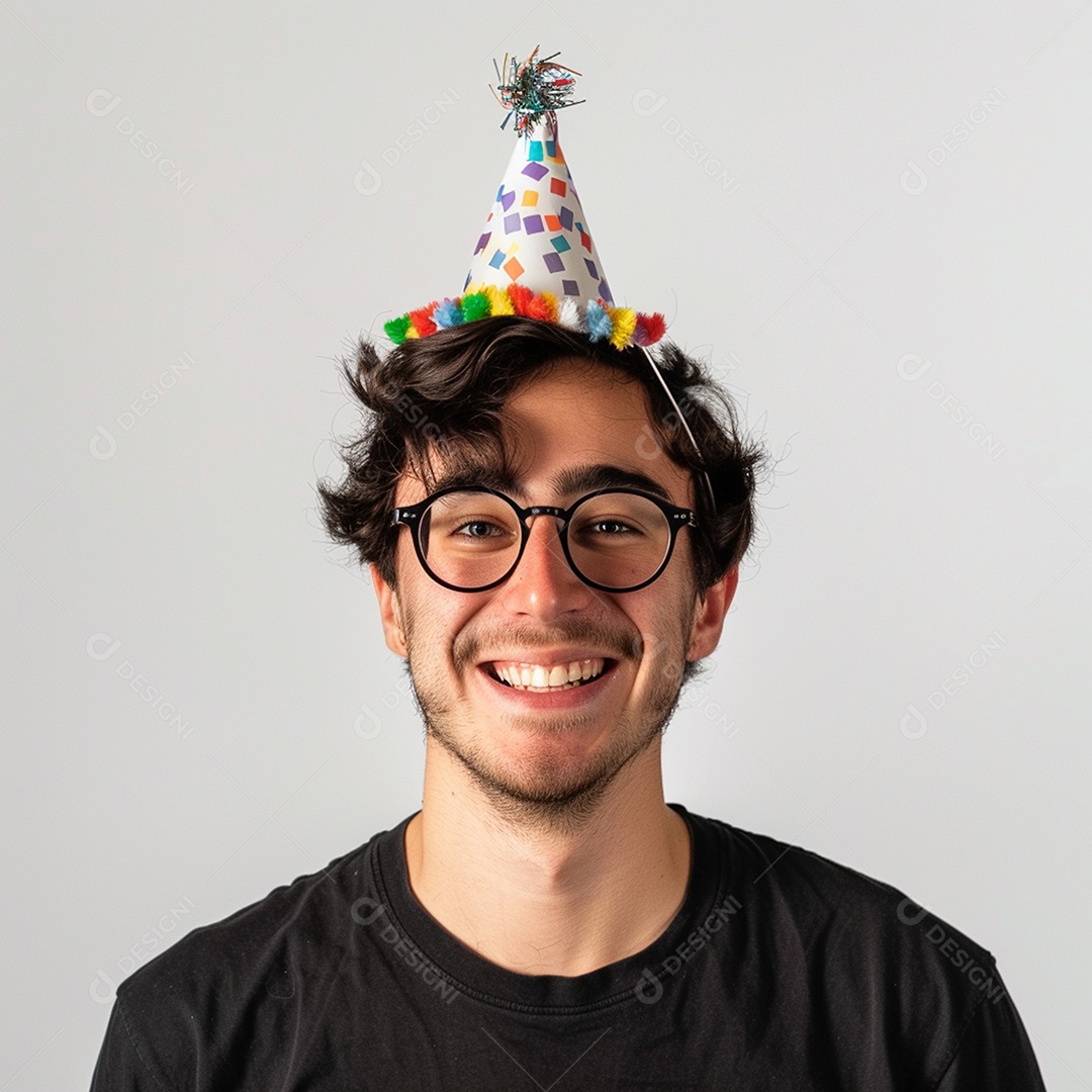 Homem sorridente, usando um chapéu de festa em um fundo branco