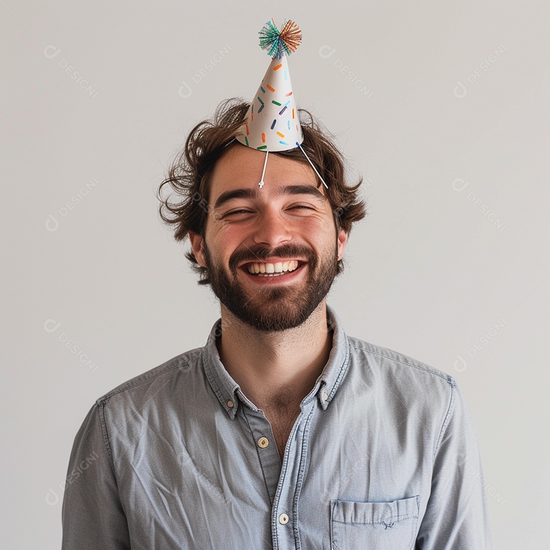Homem sorridente, usando um chapéu de festa em um fundo branco