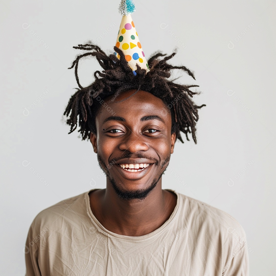 Homem sorridente, usando um chapéu de festa em um fundo branco