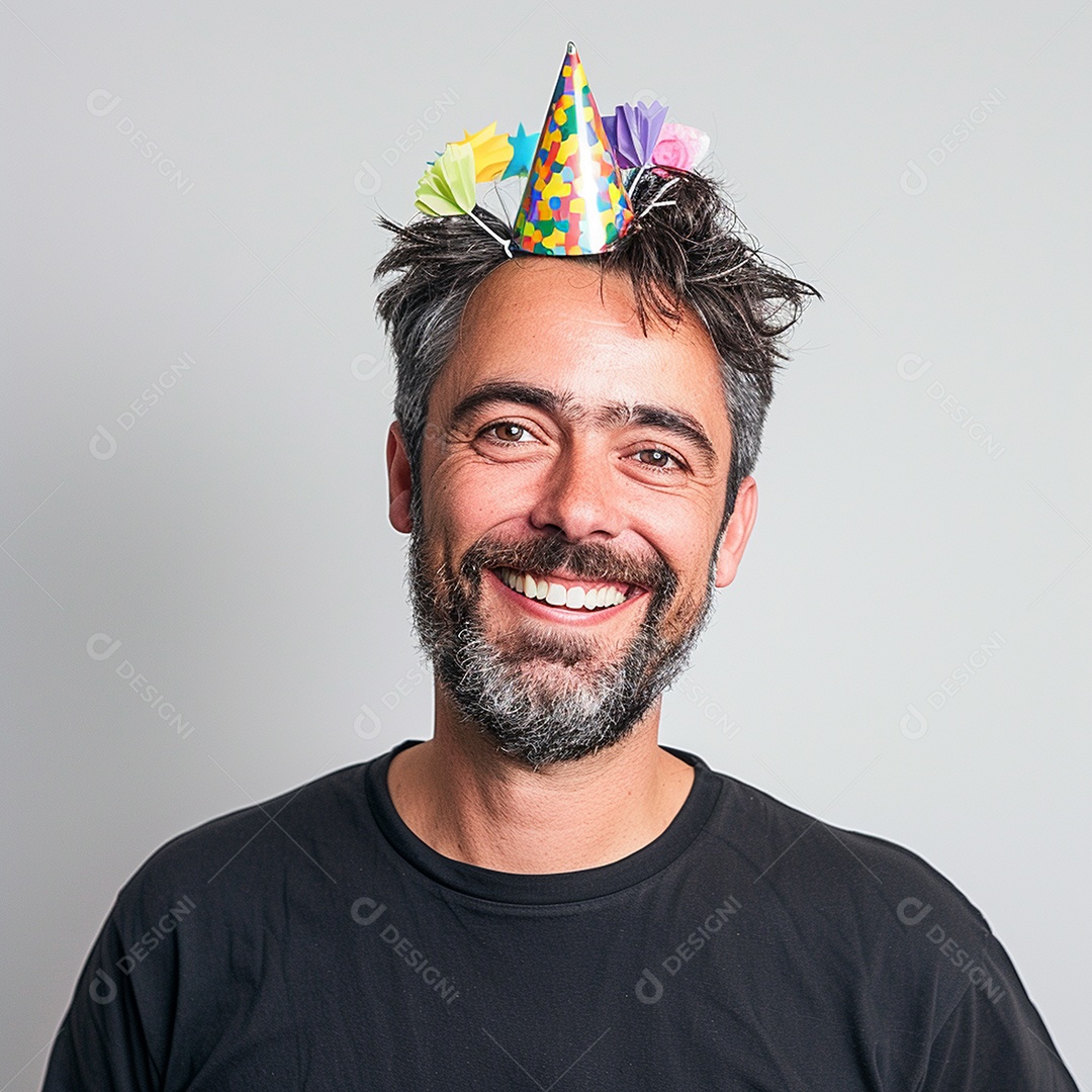 Homem sorridente, usando um chapéu de festa em um fundo branco