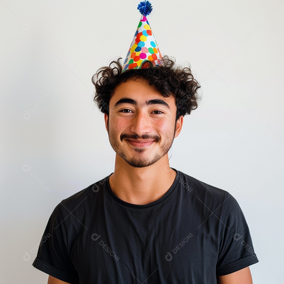 Homem sorridente, usando um chapéu de festa em um fundo branco