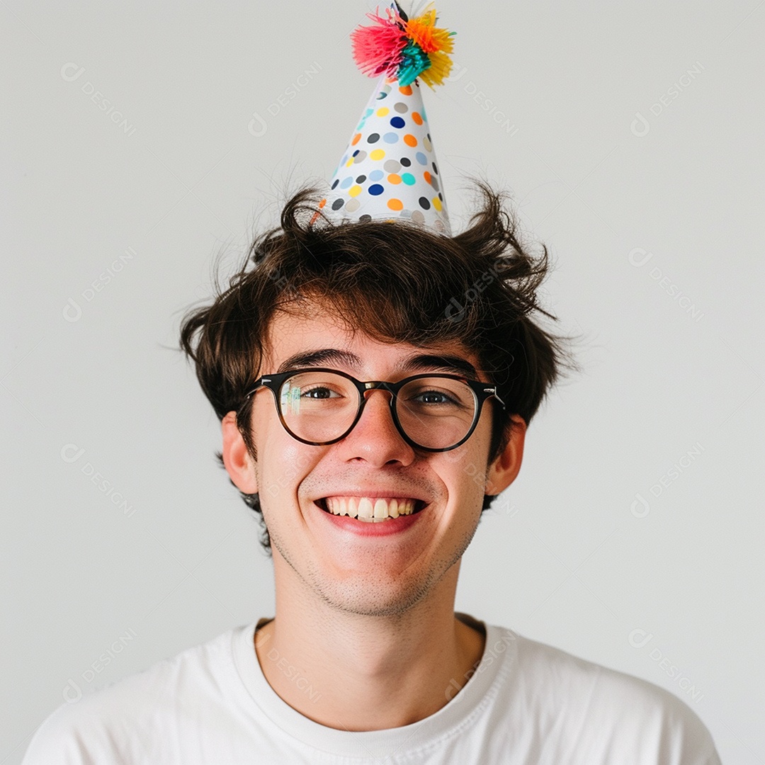 Homem sorridente, usando um chapéu de festa em um fundo branco