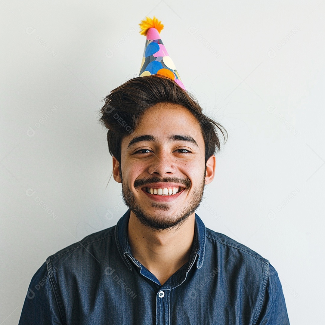 Homem sorridente, usando um chapéu de festa em um fundo branco