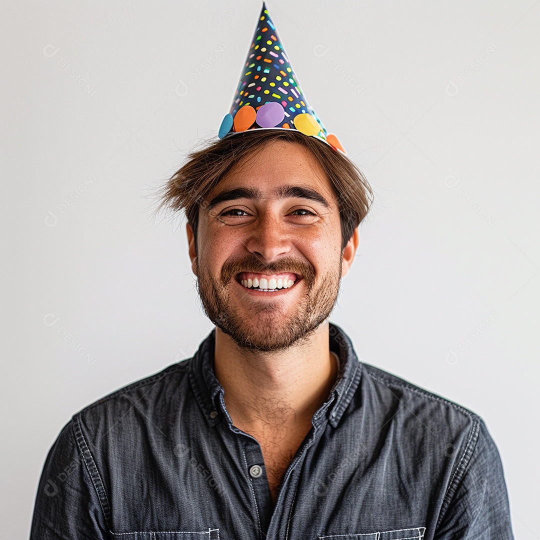 Homem sorridente, usando um chapéu de festa em um fundo branco