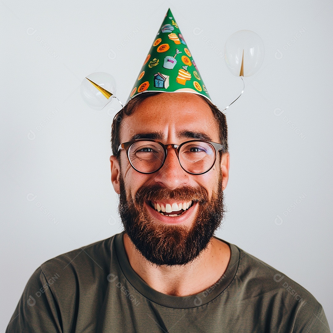 Homem sorridente, usando um chapéu de festa em um fundo branco