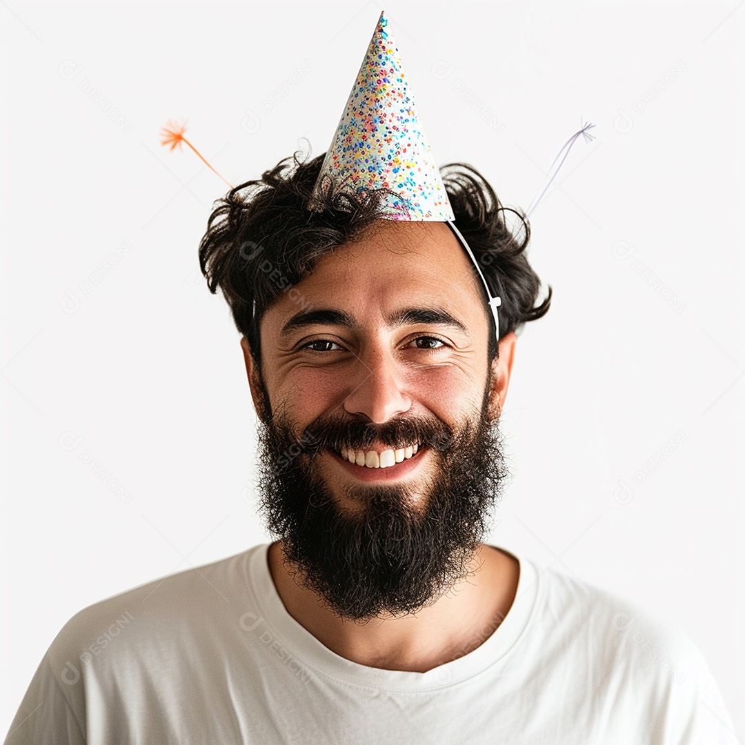 Homem sorridente, usando um chapéu de festa em um fundo branco