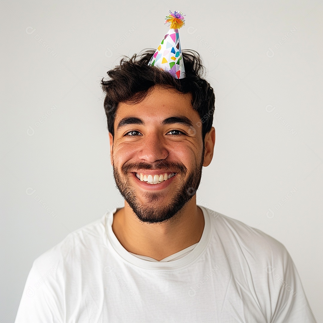 Homem sorridente, usando um chapéu de festa em um fundo branco