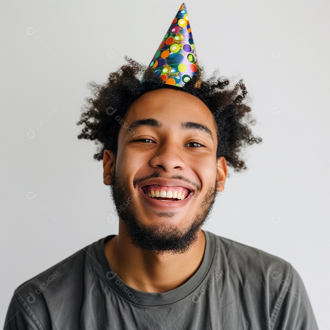 Homem sorridente, usando um chapéu de festa em um fundo branco