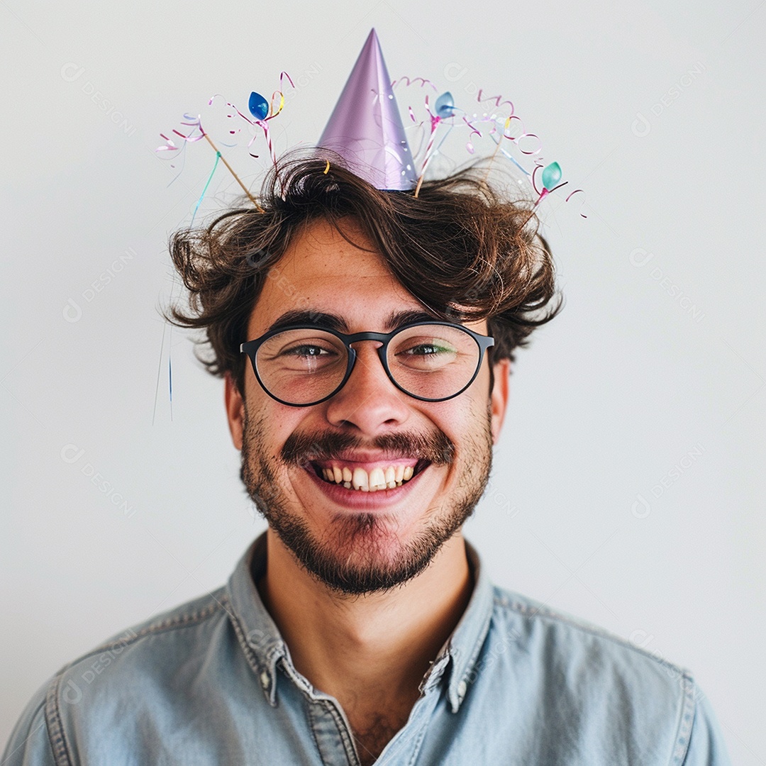 Homem sorridente, usando um chapéu de festa em um fundo branco