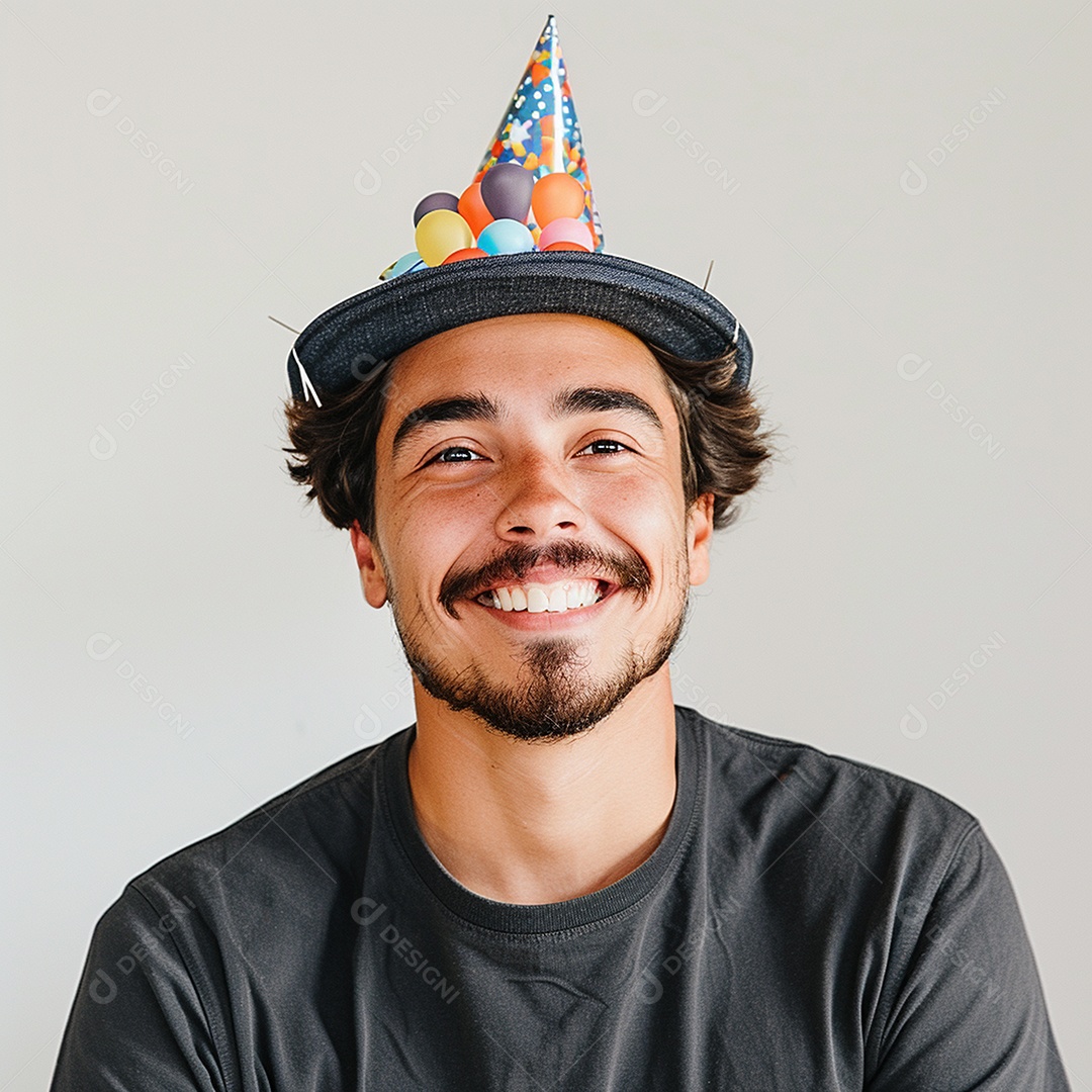 Homem sorridente, usando um chapéu de festa em um fundo branco