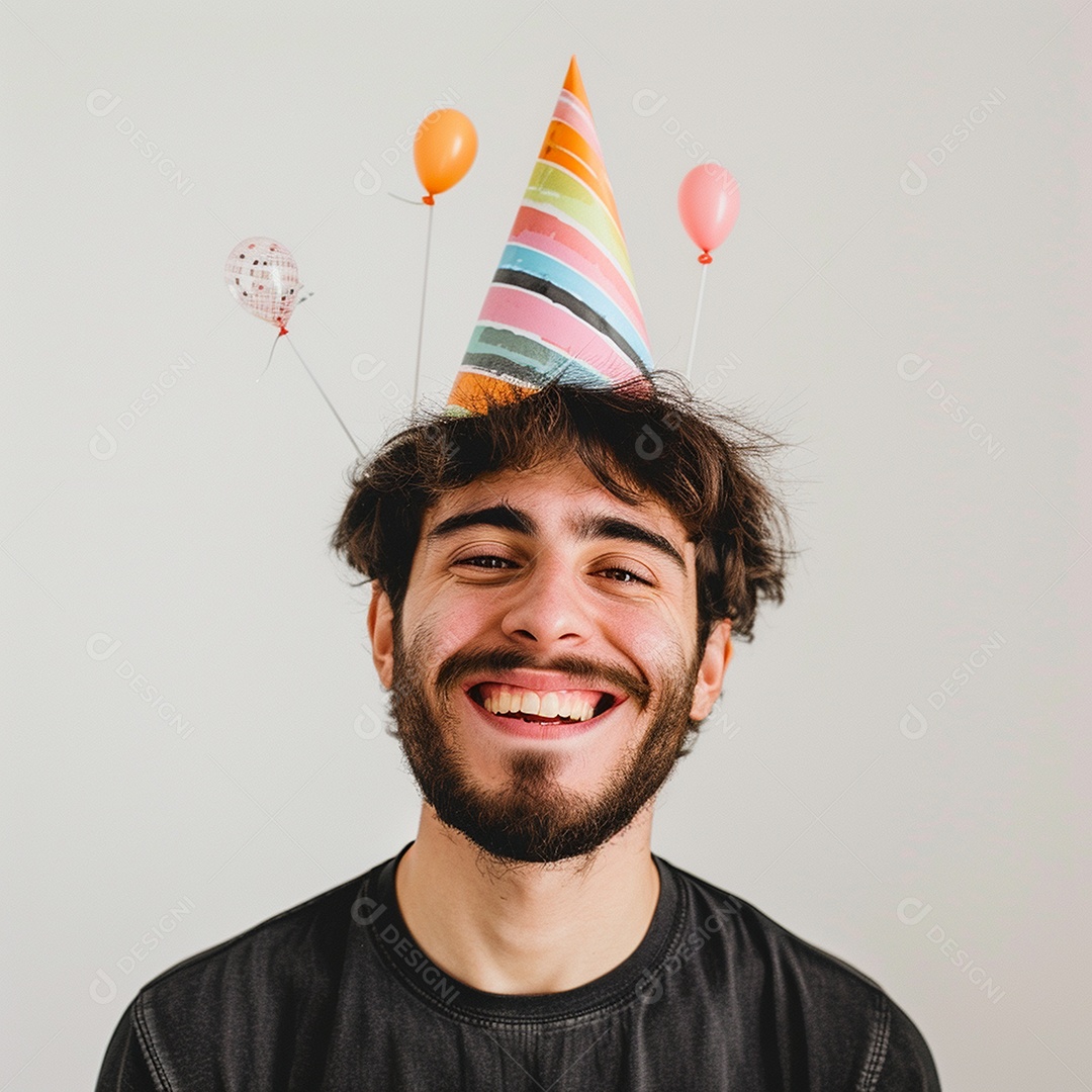 Homem sorridente, usando um chapéu de festa em um fundo branco