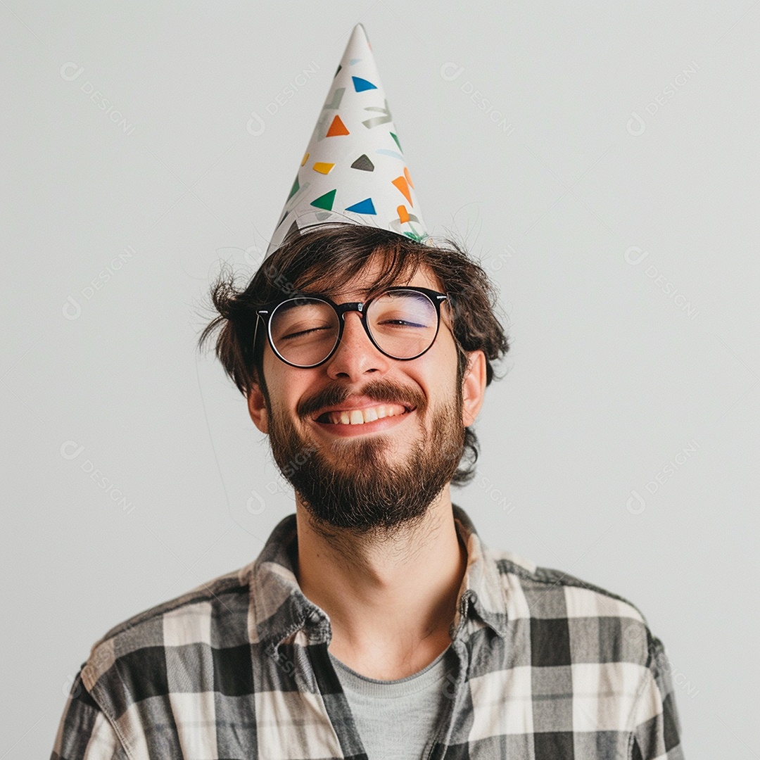 Homem sorridente, usando um chapéu de festa em um fundo branco