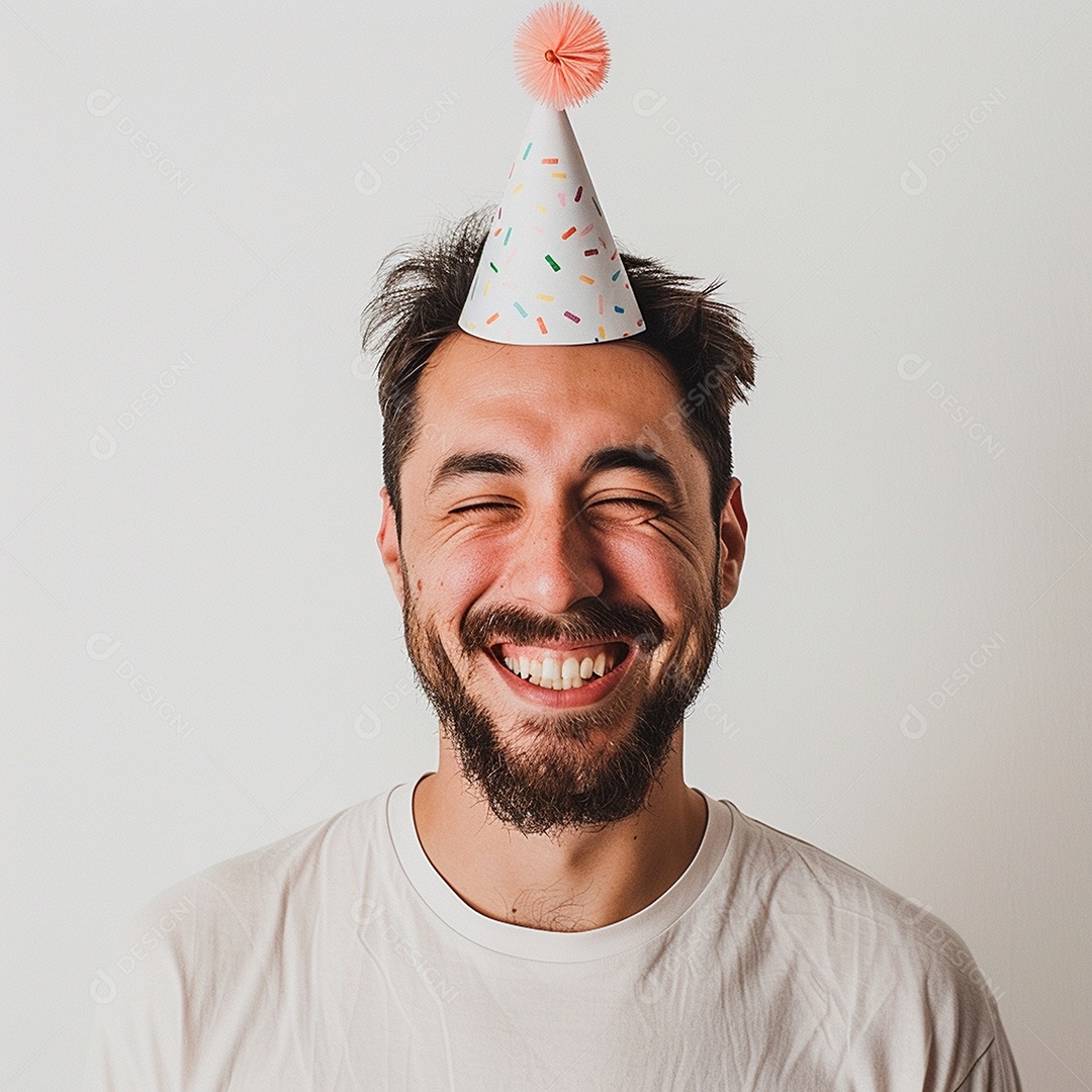 Homem sorridente, usando um chapéu de festa em um fundo branco