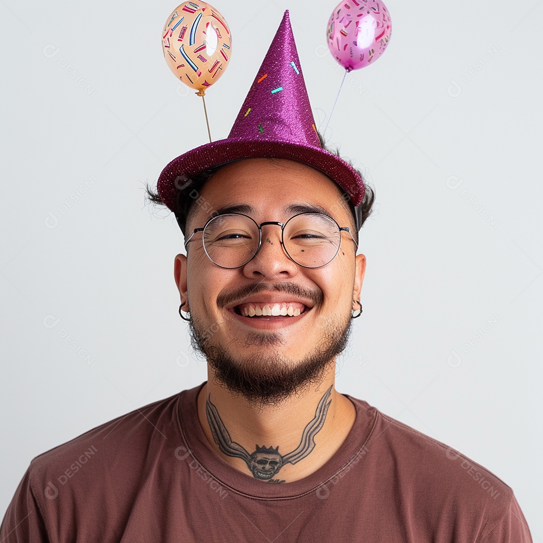 Homem sorridente, usando um chapéu de festa em um fundo branco