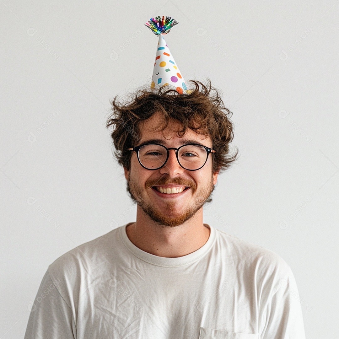 Homem sorridente, usando um chapéu de festa em um fundo branco