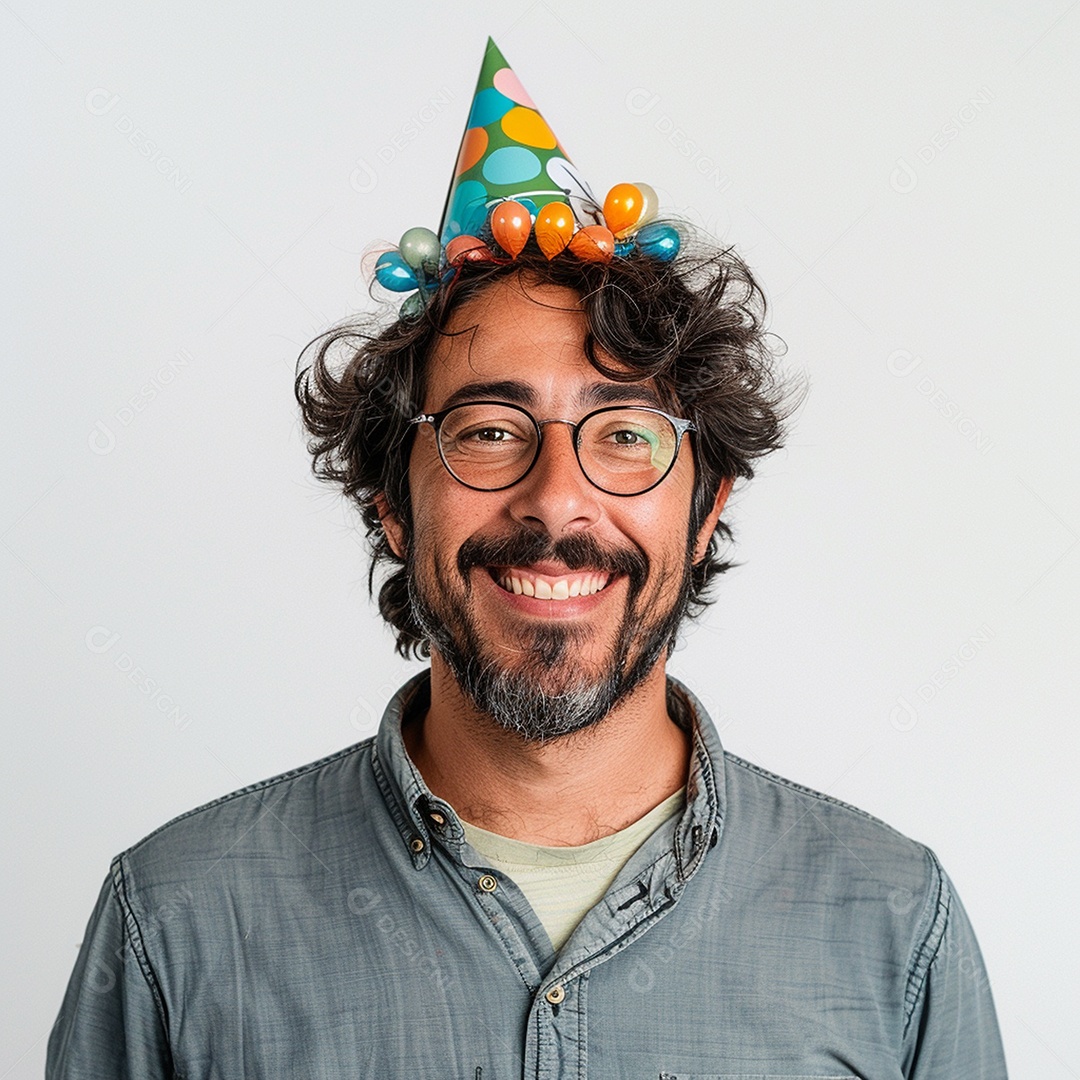 Homem sorridente, usando um chapéu de festa em um fundo branco