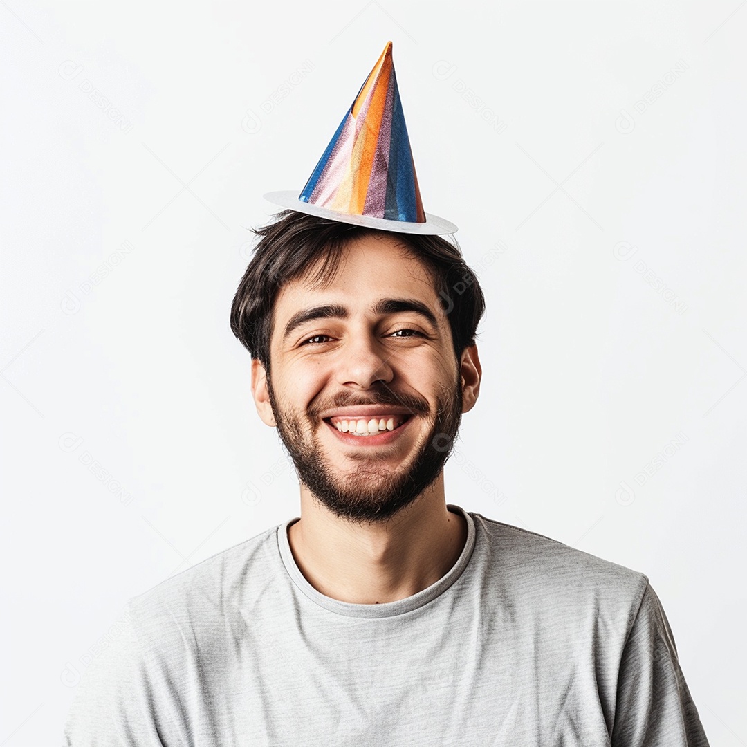 Homem sorridente, usando um chapéu de festa em um fundo branco