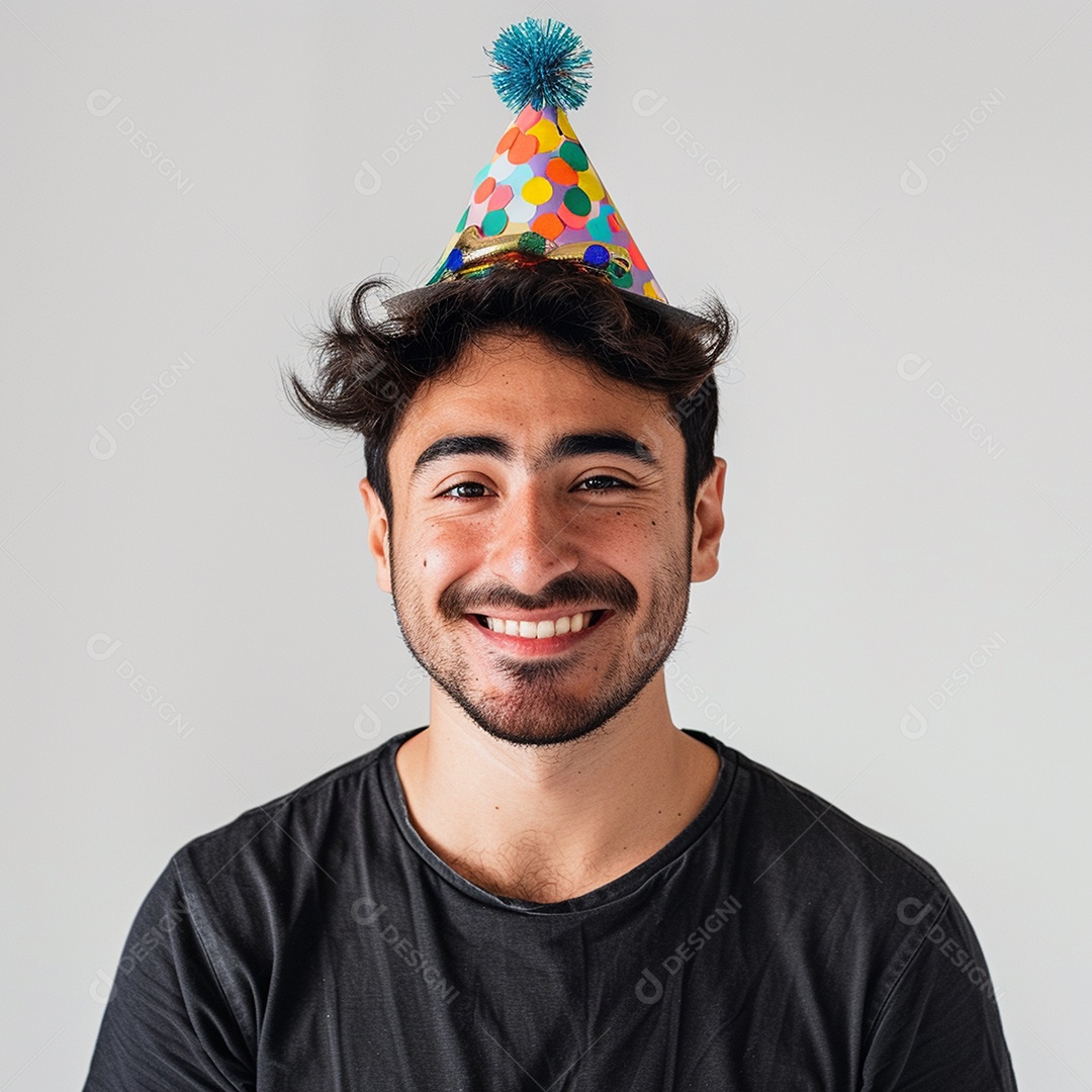 Homem sorridente, usando um chapéu de festa em um fundo branco