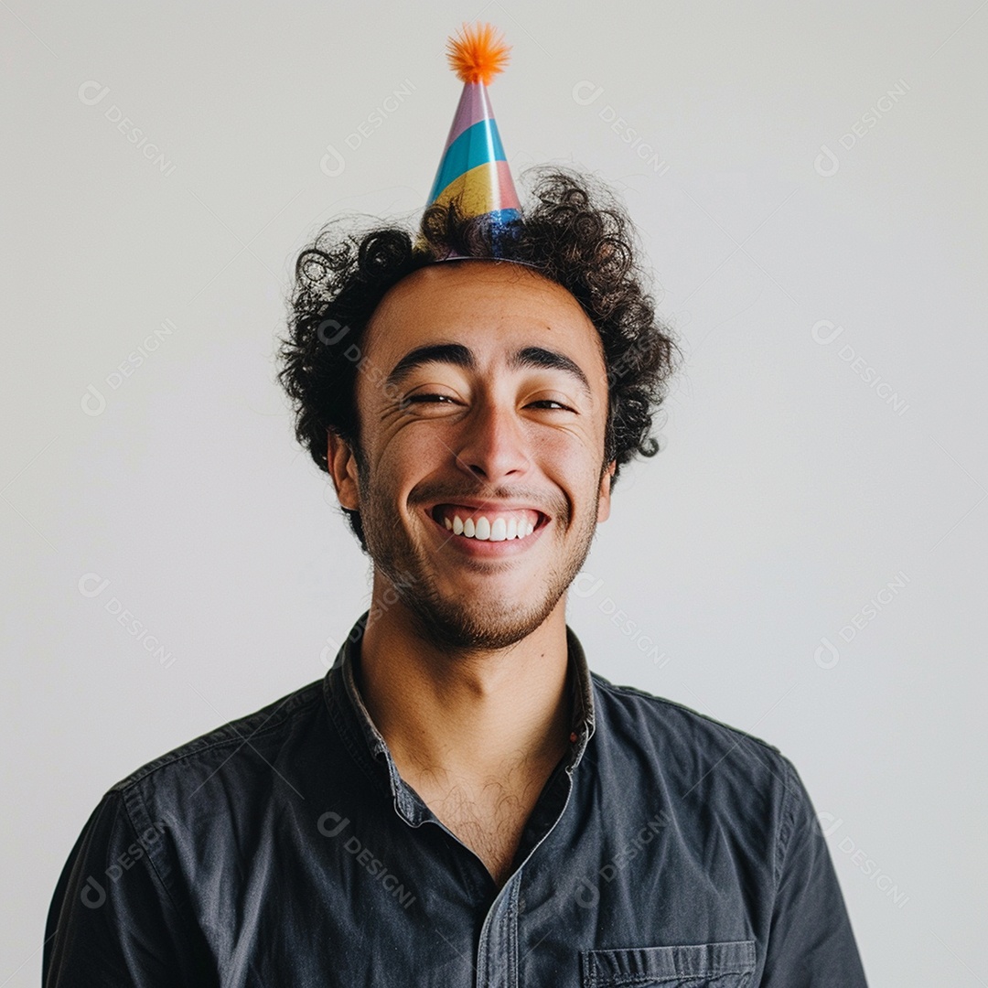 Homem sorridente, usando um chapéu de festa em um fundo branco