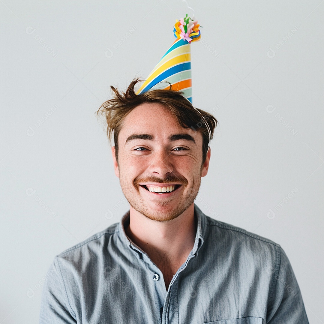 Homem sorridente, usando um chapéu de festa em um fundo branco