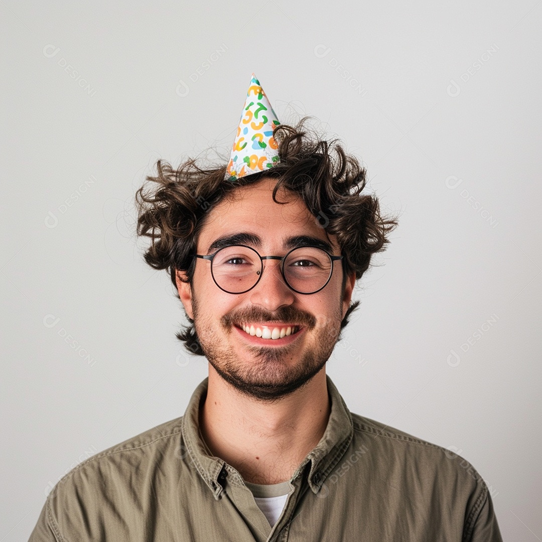 Homem sorridente, usando um chapéu de festa em um fundo branco