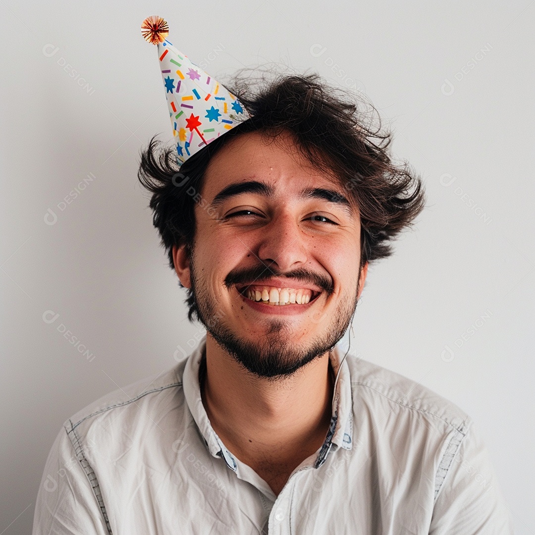 Homem sorridente, usando um chapéu de festa em um fundo branco