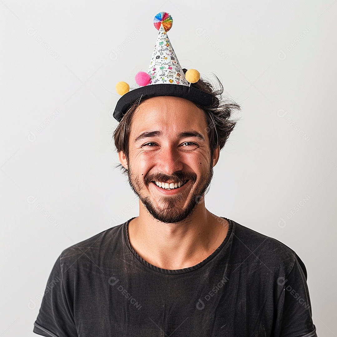 Homem sorridente, usando um chapéu de festa em um fundo branco