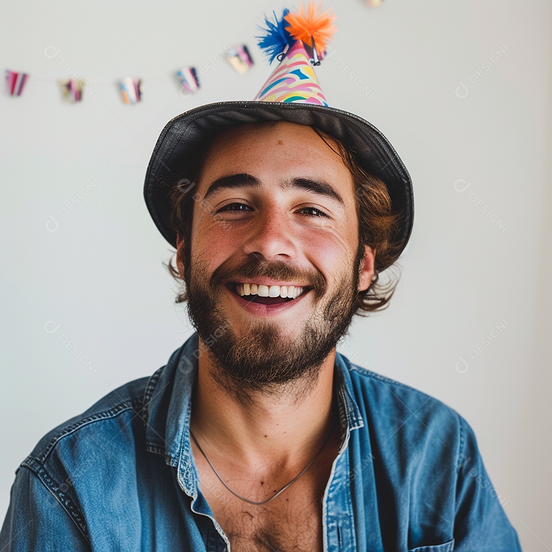 Homem sorridente, usando um chapéu de festa em um fundo branco