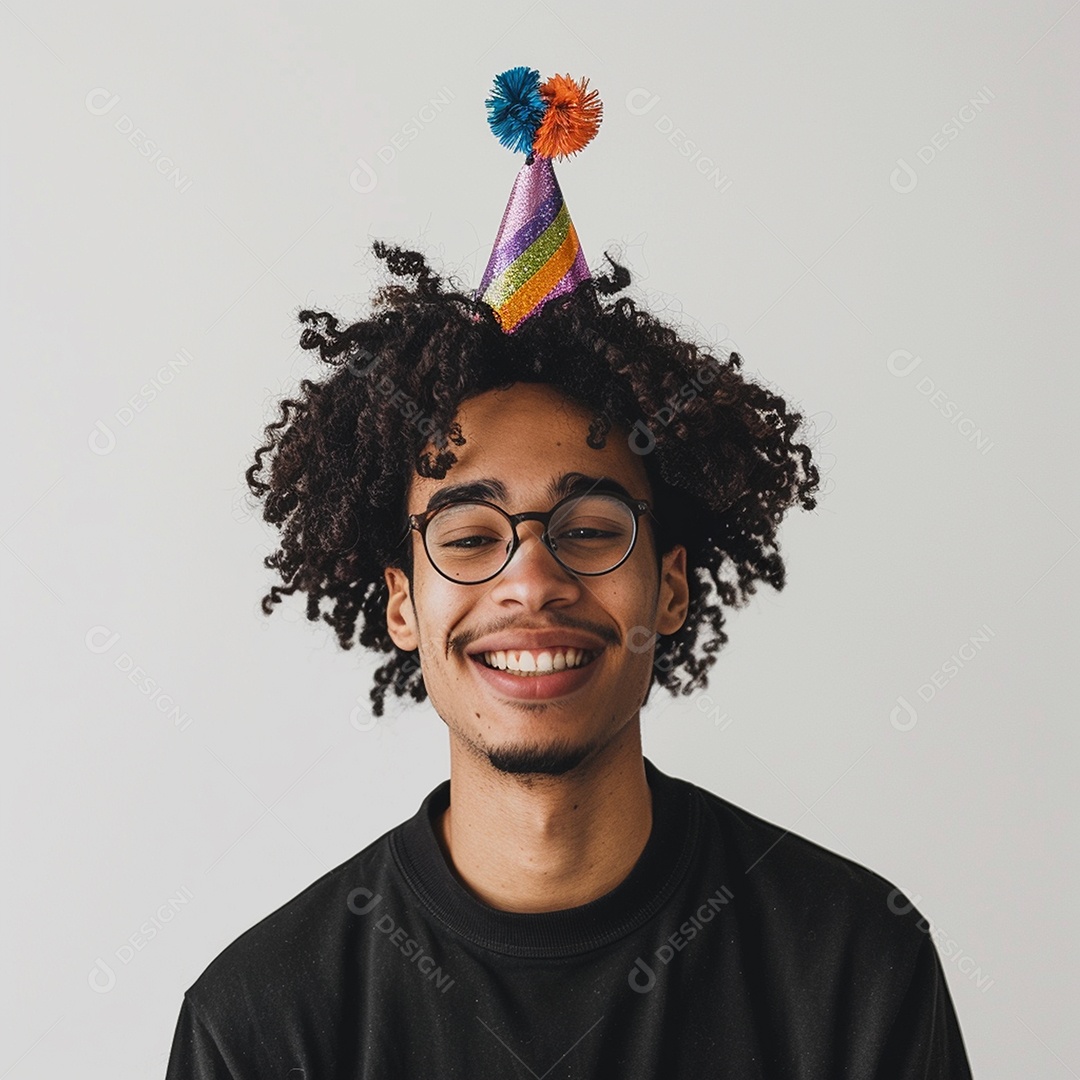 Homem sorridente, usando um chapéu de festa em um fundo branco