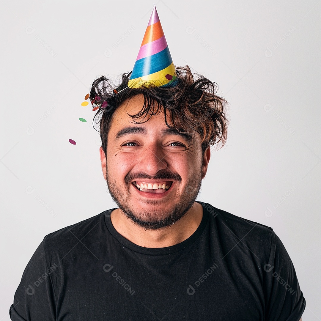 Homem sorridente, usando um chapéu de festa em um fundo branco