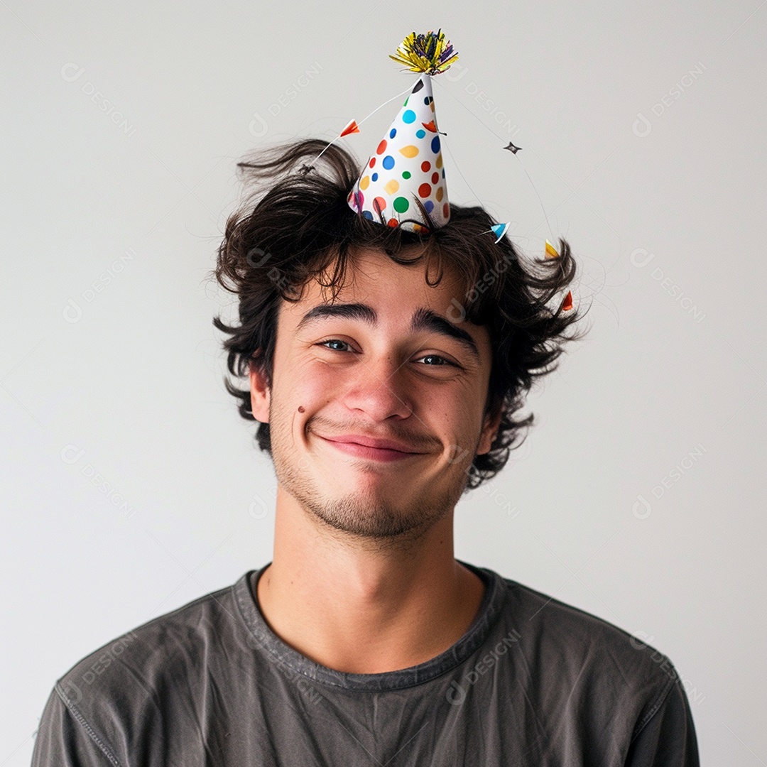 Homem sorridente, usando um chapéu de festa em um fundo branco