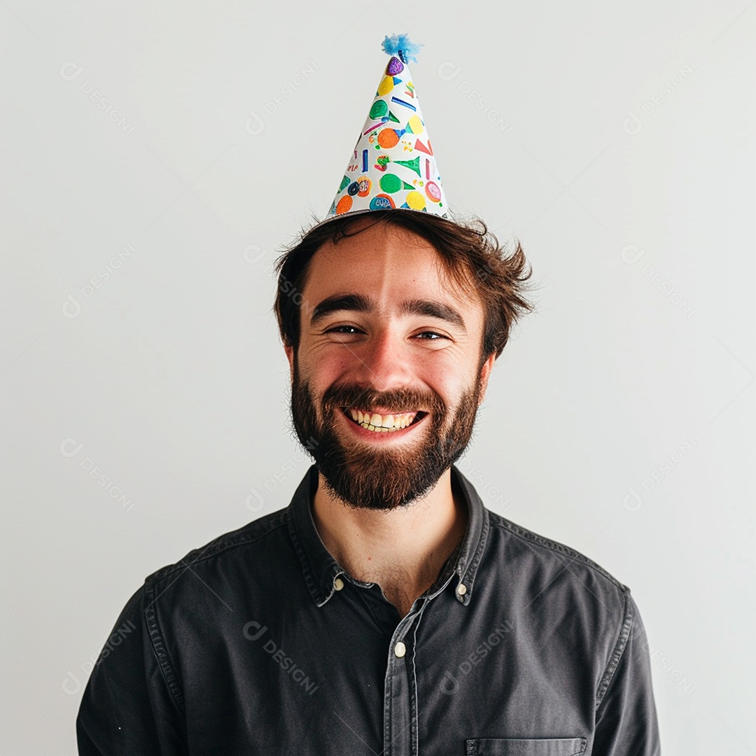 Homem sorridente, usando um chapéu de festa em um fundo branco