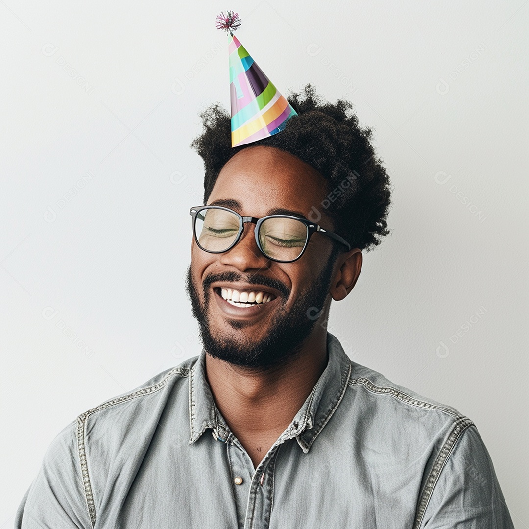 Homem sorridente, usando um chapéu de festa em um fundo branco