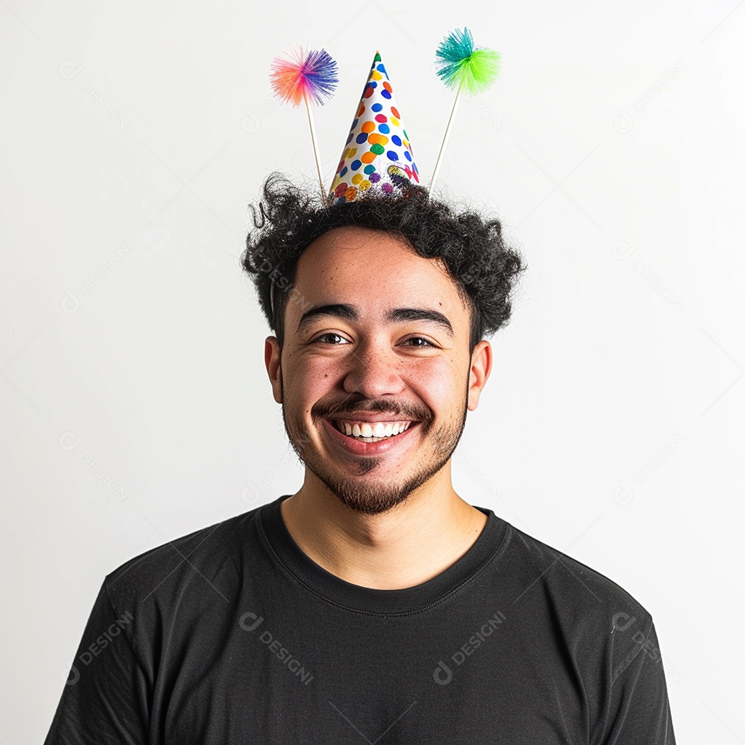 Homem sorridente, usando um chapéu de festa em um fundo branco