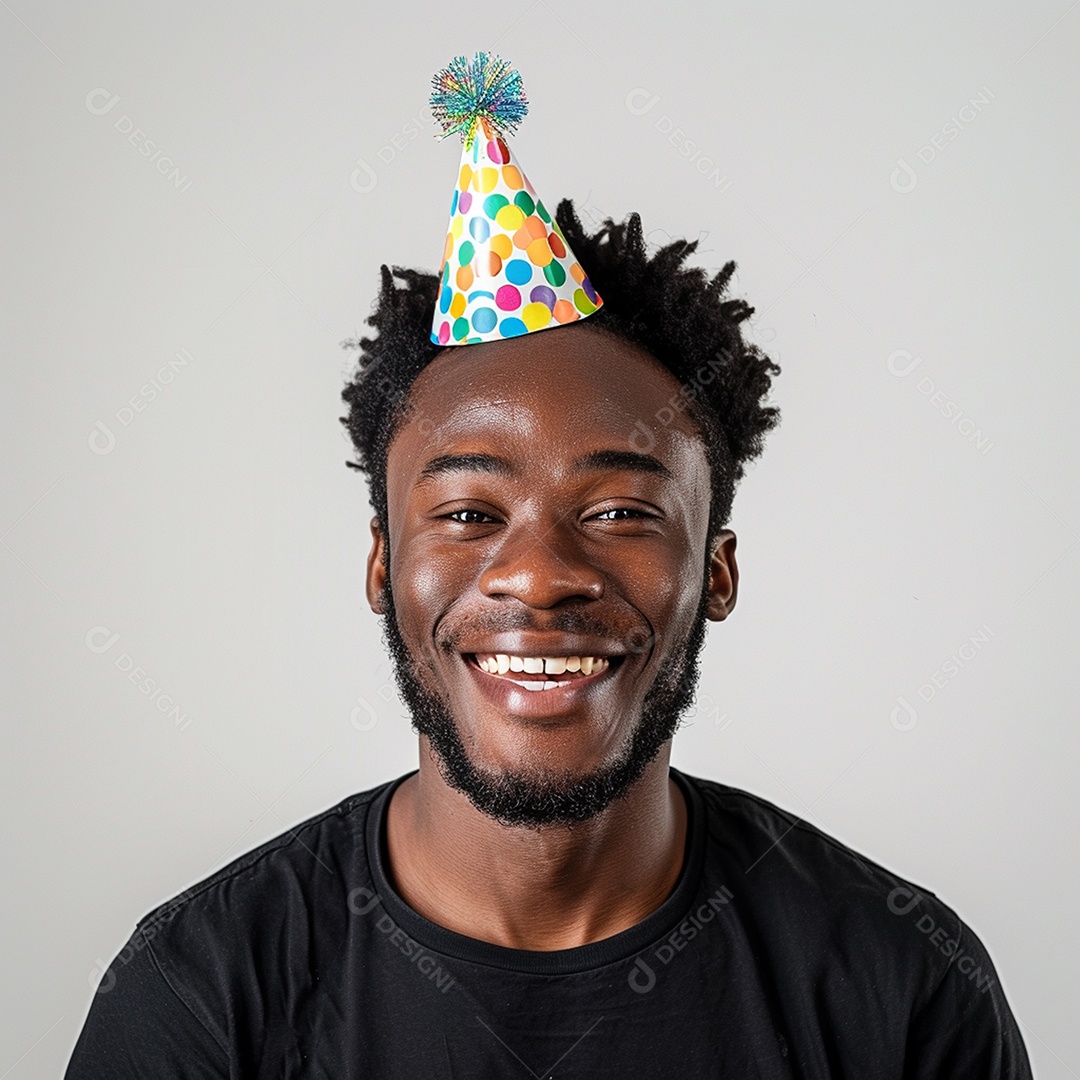 Homem sorridente, usando um chapéu de festa em um fundo branco