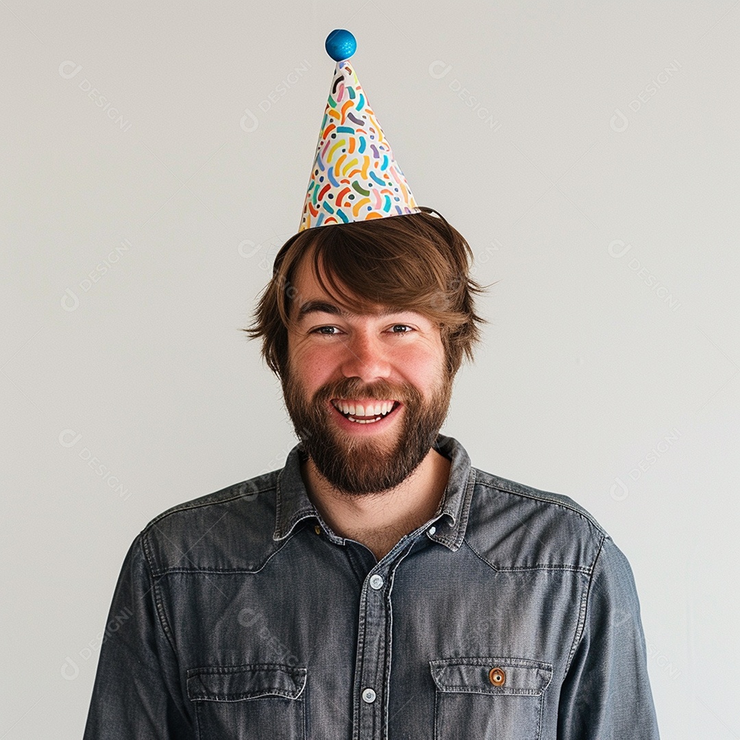 Homem sorridente, usando um chapéu de festa em um fundo branco
