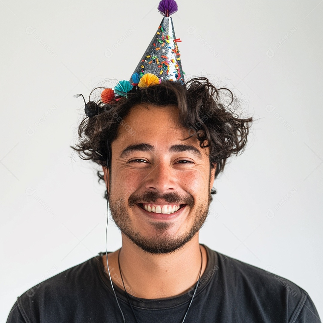 Homem sorridente, usando um chapéu de festa em um fundo branco