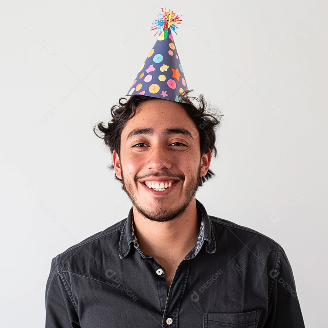 Homem sorridente, usando um chapéu de festa em um fundo branco