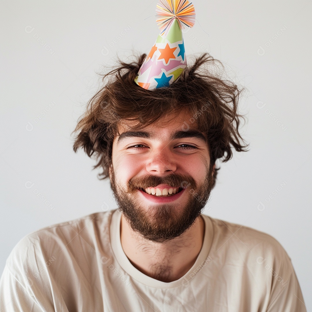 Homem sorridente, usando um chapéu de festa em um fundo branco