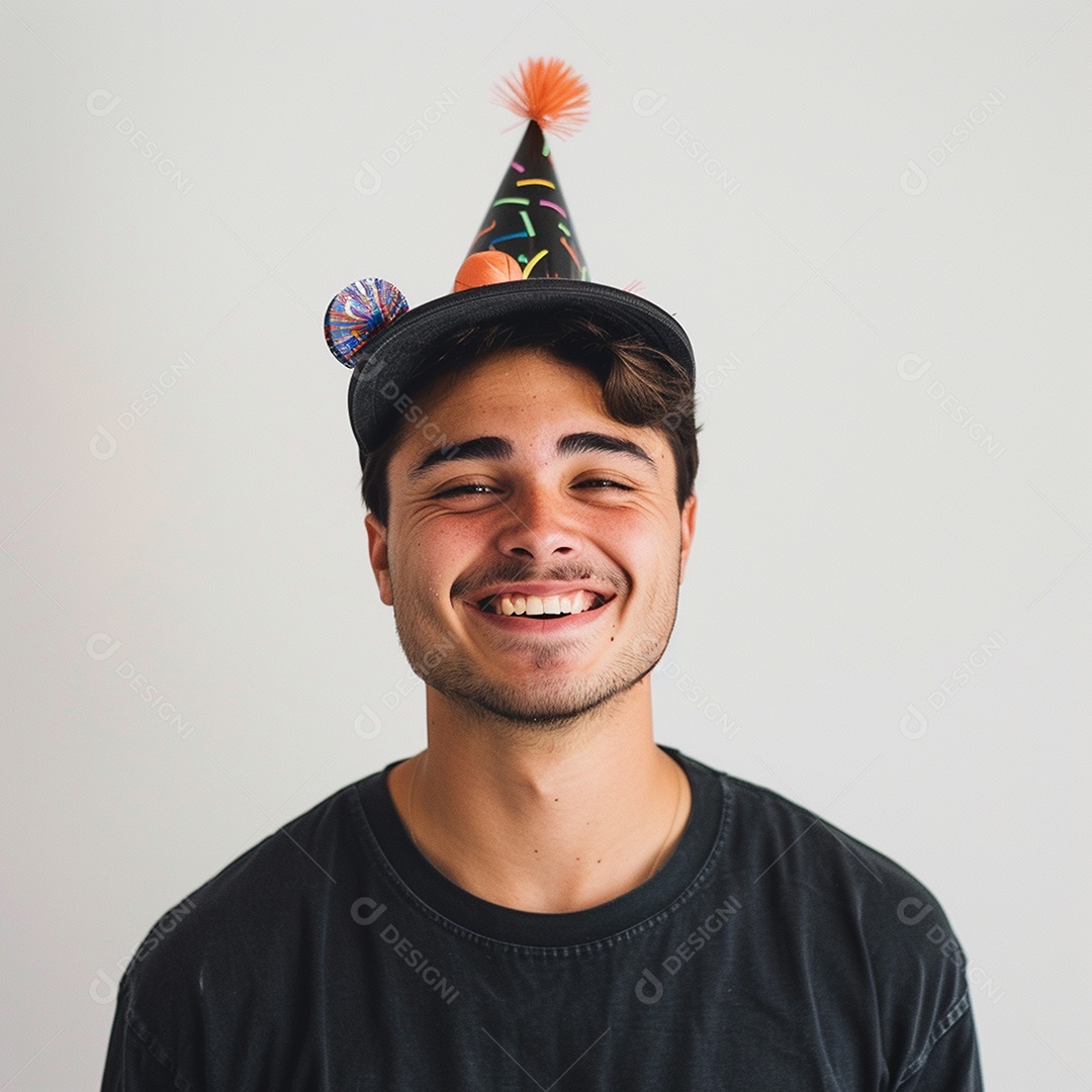 Homem sorridente, usando um chapéu de festa em um fundo branco