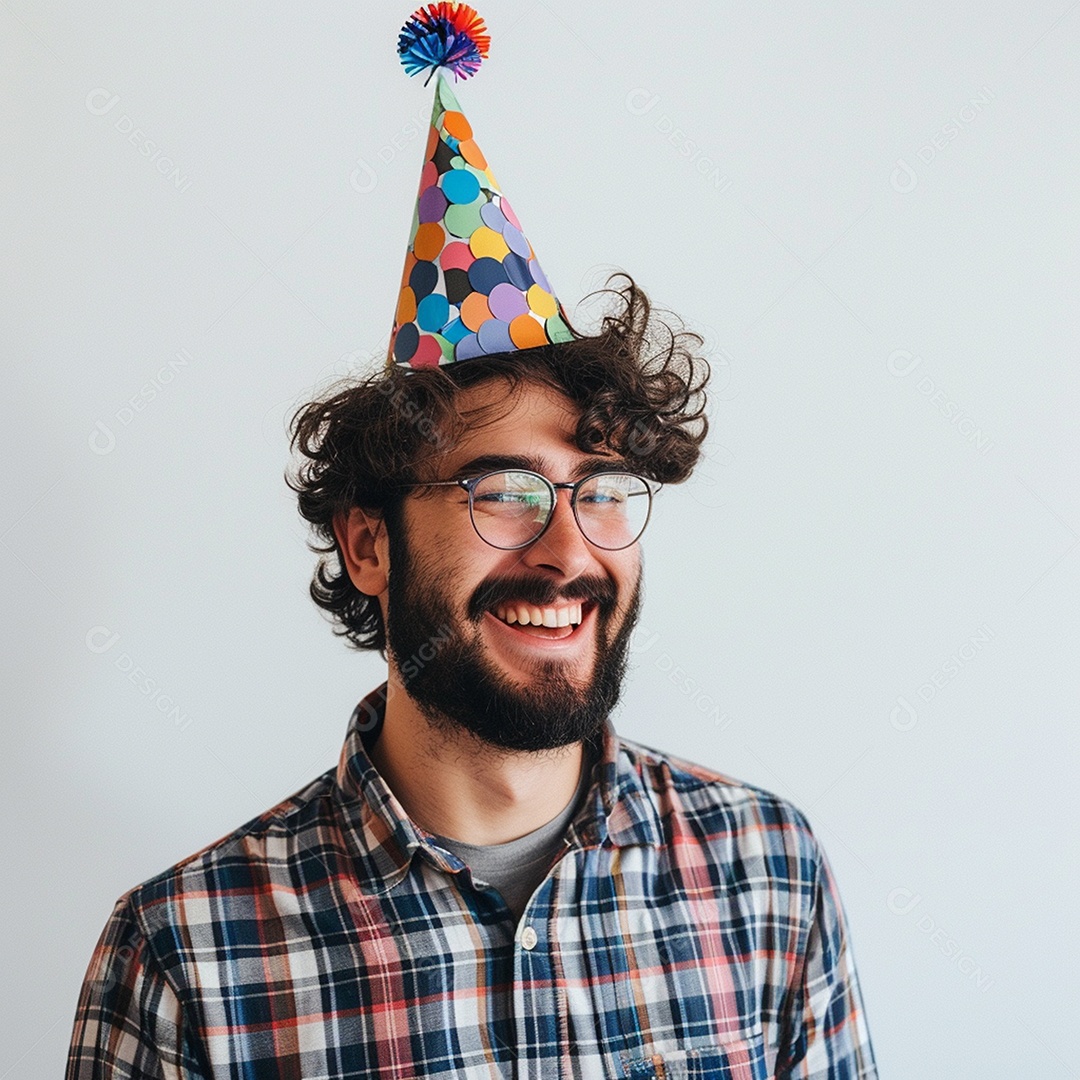Homem sorridente, usando um chapéu de festa em um fundo branco