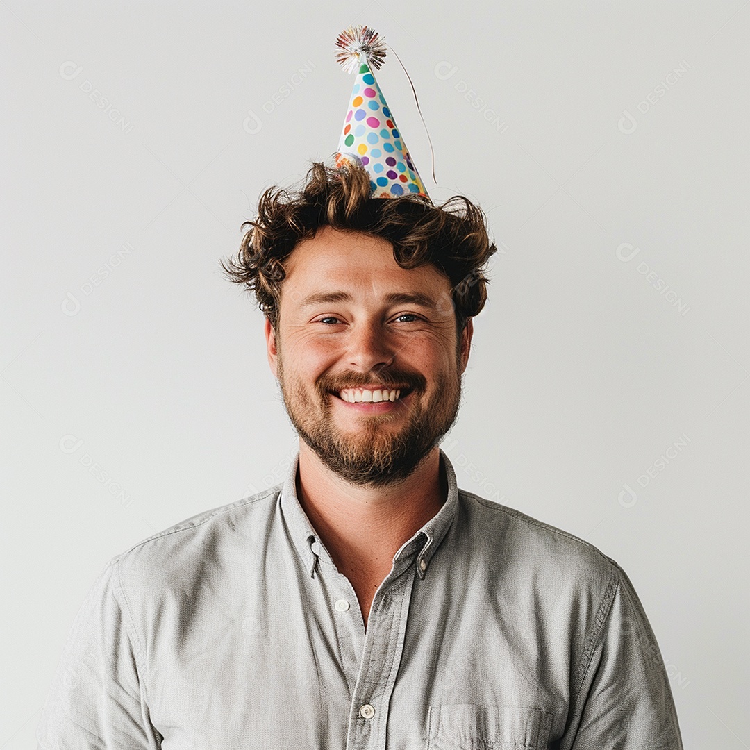 Homem sorridente, usando um chapéu de festa em um fundo branco