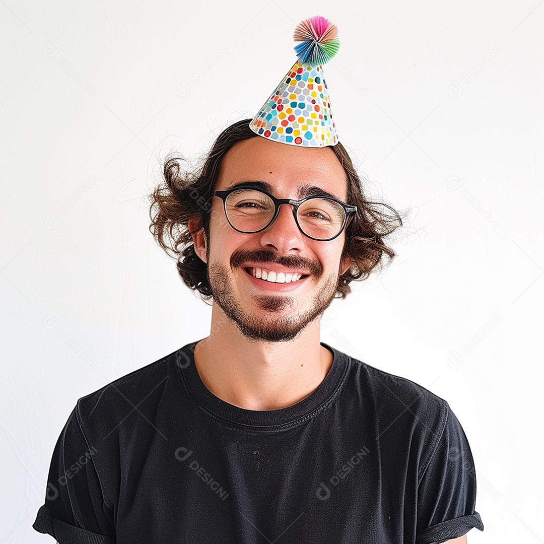 Homem sorridente, usando um chapéu de festa em um fundo branco