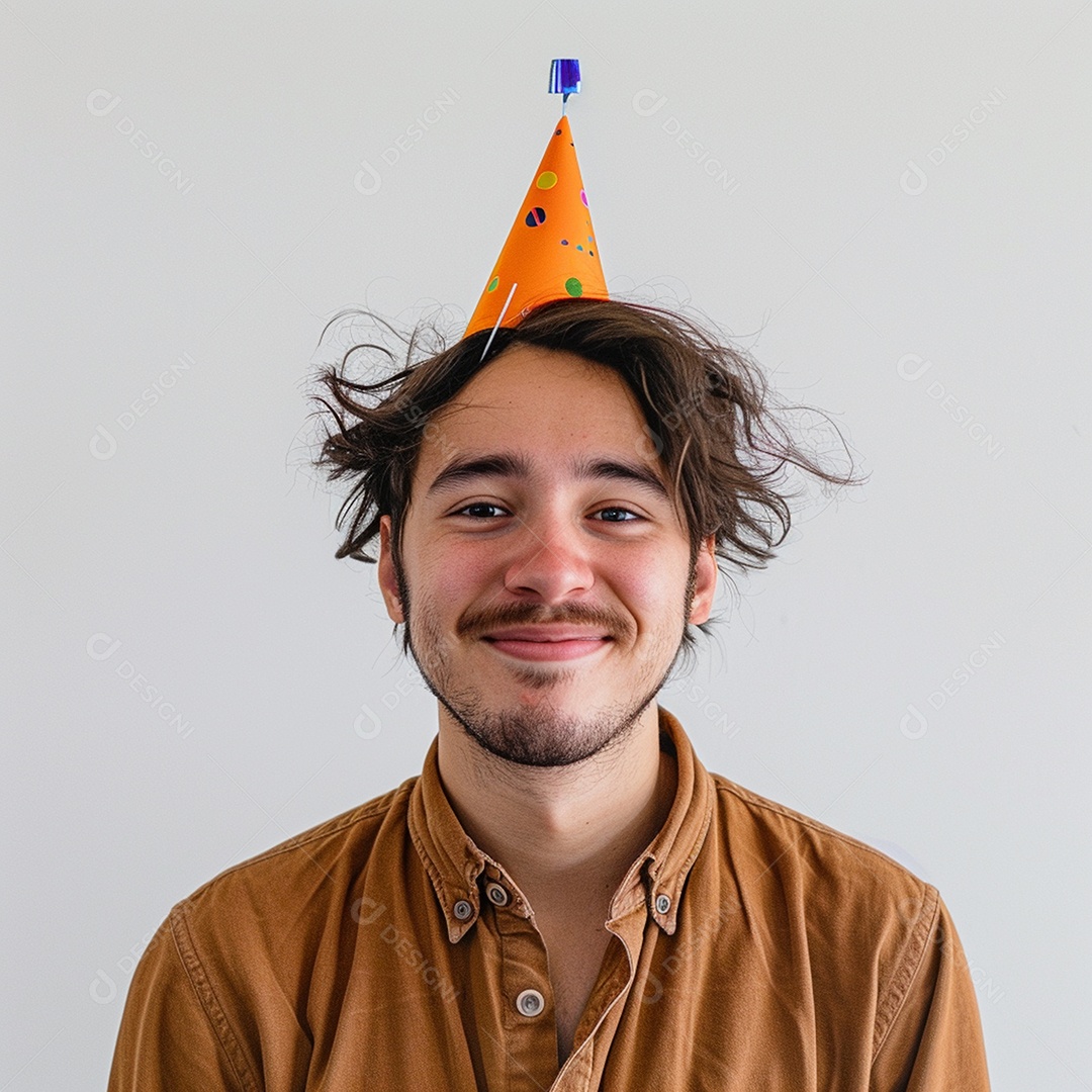 Homem sorridente, usando um chapéu de festa em um fundo branco